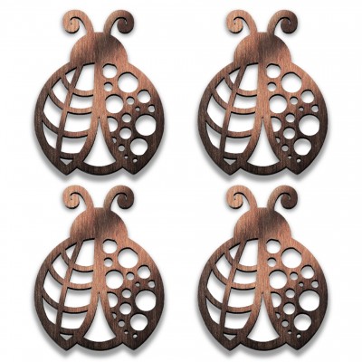 Ladybug 4-Pcs Set - 3 in 1 Multifunction Gift – Coasters, Candle Holders, Hanging Ornaments - Solid Walnut Wood 6mm - Made in Canada